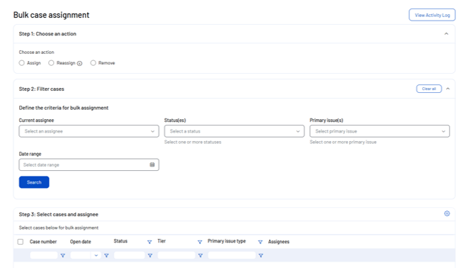 Screenshot of a Bulk case assignment web page with options to assign, reassign, or remove cases, filter by assignee, status, and issue, plus a table listing cases with details like status, tier, and assignees.