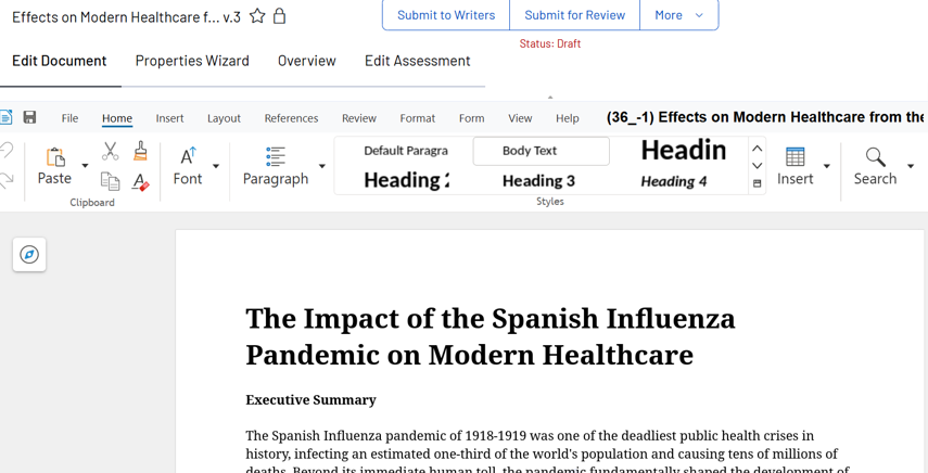 A Microsoft Word document is open on a computer screen, displaying the title The Impact of the Spanish Influenza Pandemic on Modern Healthcare with menu and formatting options visible at the top.