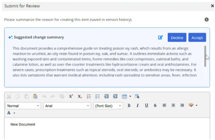 A computer screen shows a review interface with a suggested summary about treating poison ivy rash, including decline and accept buttons, formatting options, and a text box for entering comments.
