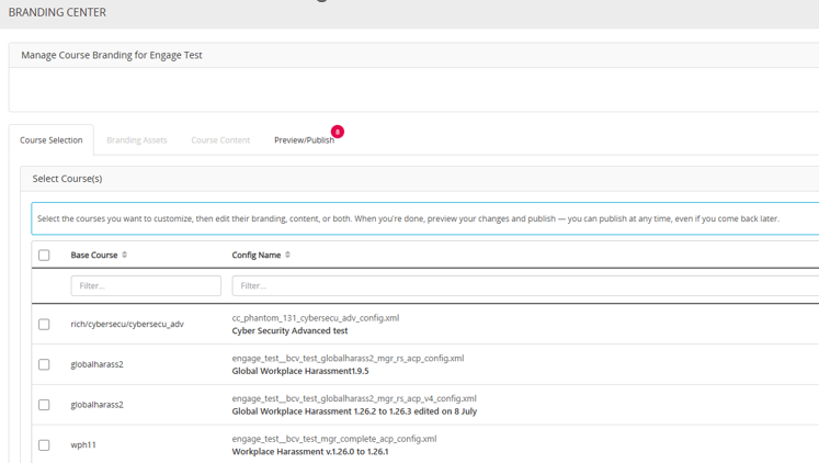 A software interface titled BRANDING CENTER shows a list of course configurations for branding, including checkboxes and course names, under the Preview & Publish tab.