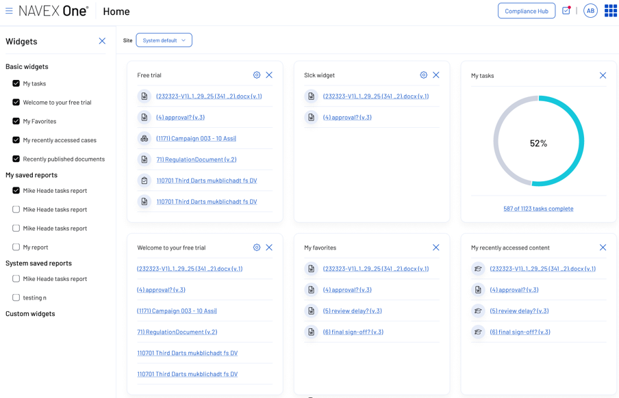 Dashboard showing widgets for tasks, trial, favorites, and reports. Includes a circular progress chart at 52% and lists of items with links. NAVEX One branding and navigation menu are visible at the top and left.