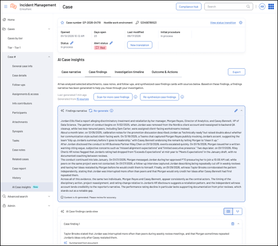 A computer screen displays an incident management dashboard with case details, status, and AI-generated insights about a case. Text boxes show case findings, narrative, and investigation summary in a structured layout.