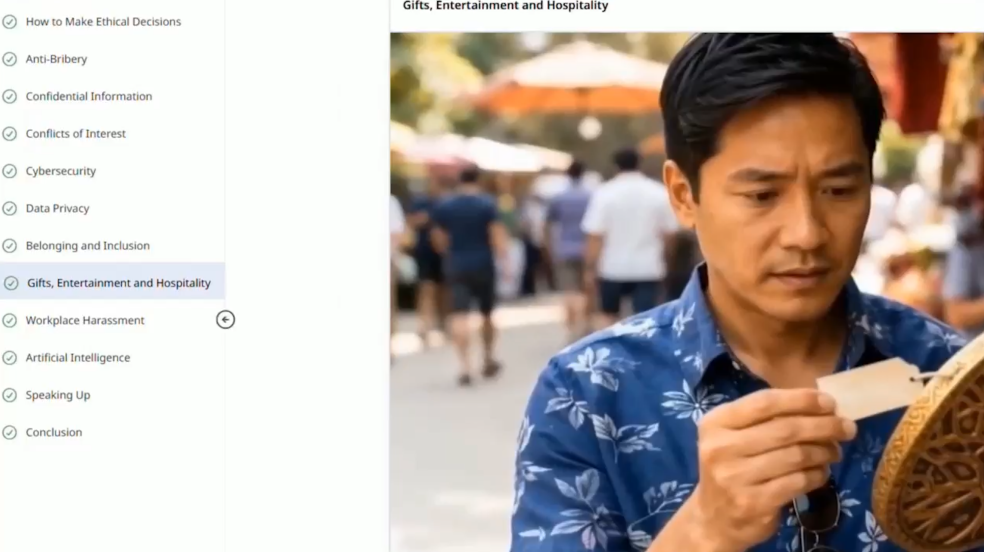 A man in a blue floral shirt looks at a card with concern. On the left, a computer screen shows a menu with Gifts, Entertainment and Hospitality highlighted. Blurred people and umbrellas are in the background.