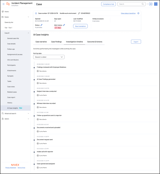 A software dashboard displays an incident management case, showing case details, status, and tabs for case narrative, findings, timeline, and actions, with a listed timeline of investigation activities below.