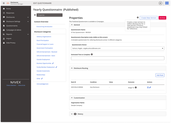 A software interface displays a published Yearly Questionnaire form with fields for title, description, completion time, and routing details. A side menu lists options like Home, Responses, and Disclosure Categories.