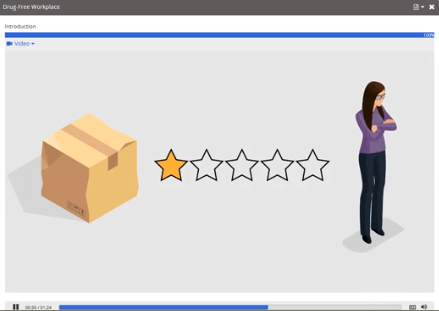 A woman stands with folded arms next to a cardboard box and a row of five stars, with only the first star filled in, indicating a low rating.