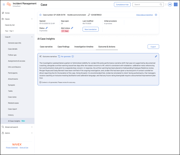 A computer screen shows an Incident Management case page with details, navigation menu on the left, and an AI-generated outcome narrative in the main section. Export and new transaction buttons are visible.