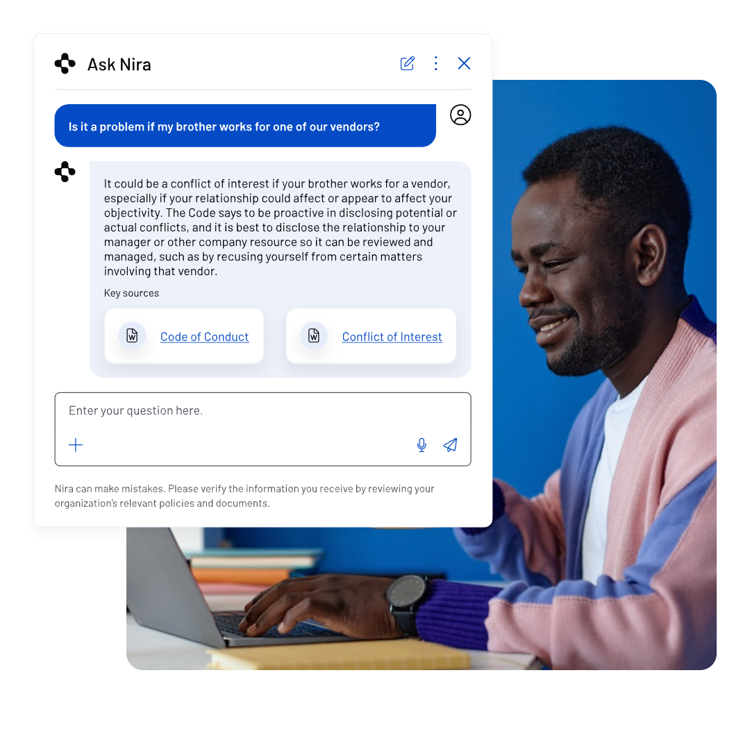 A man in a pink shirt smiles while typing on a laptop. Above him, a chat window asks about conflicts of interest if a brother works for a vendor, with resources linked for the code of conduct and conflict of interest.