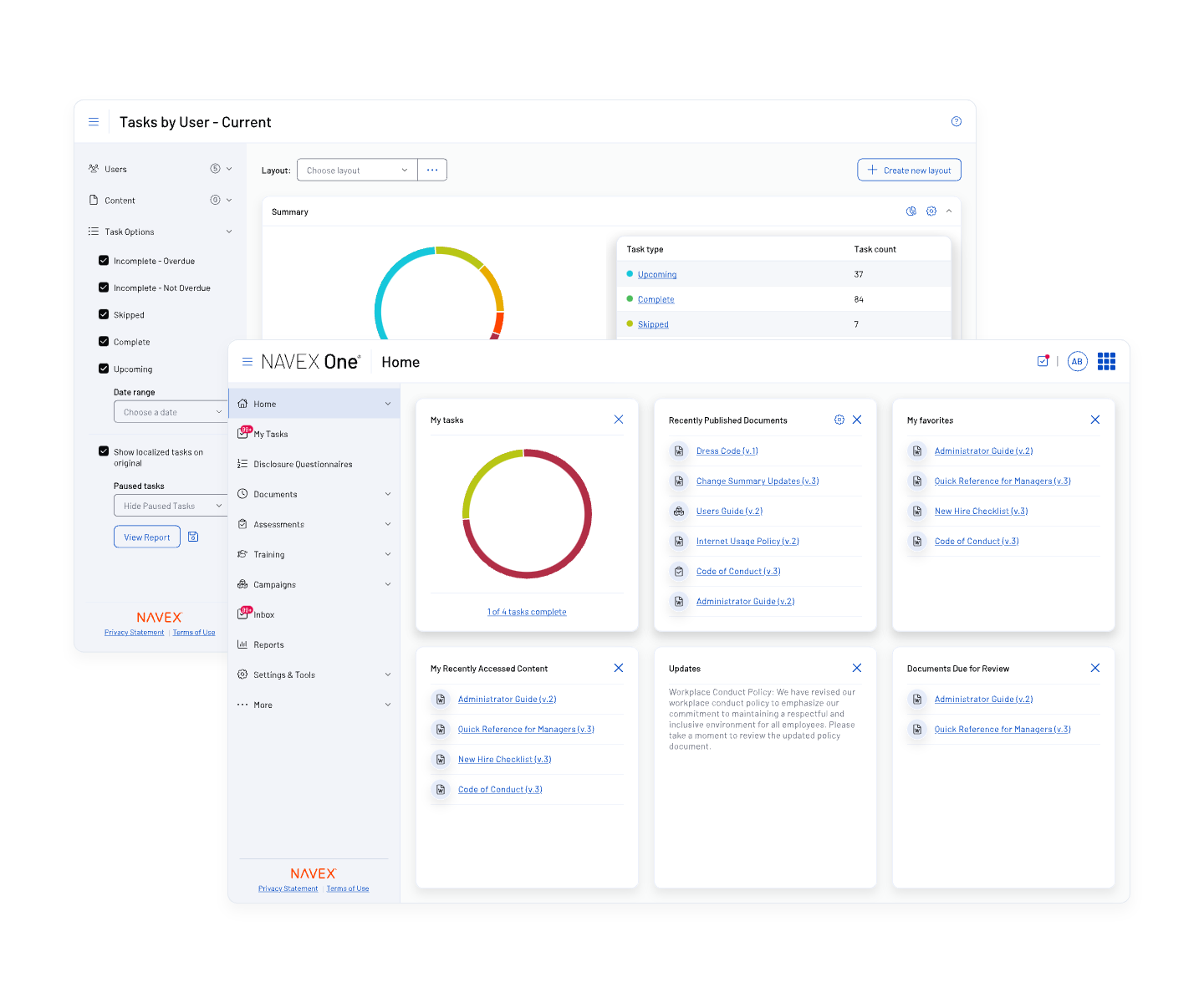 Two dashboard screens display charts, lists, and navigation menus for tasks and documents. The interface features graphs, categories, and links, suggesting workflow or compliance management software.