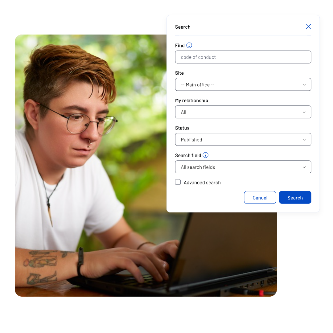 Person with short hair and glasses types on a laptop. A search window overlay shows various filter options, including Find, Site, Status, Search field, and buttons for Cancel and Search..