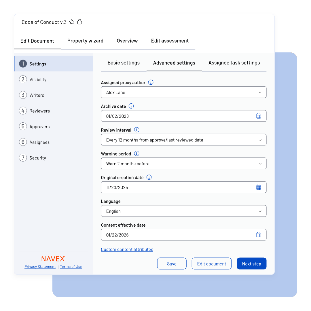 A settings screen of a compliance software showing fields for proxy author, review date, intervals, warning period, creation date, language, and effective date, with buttons for saving or proceeding.