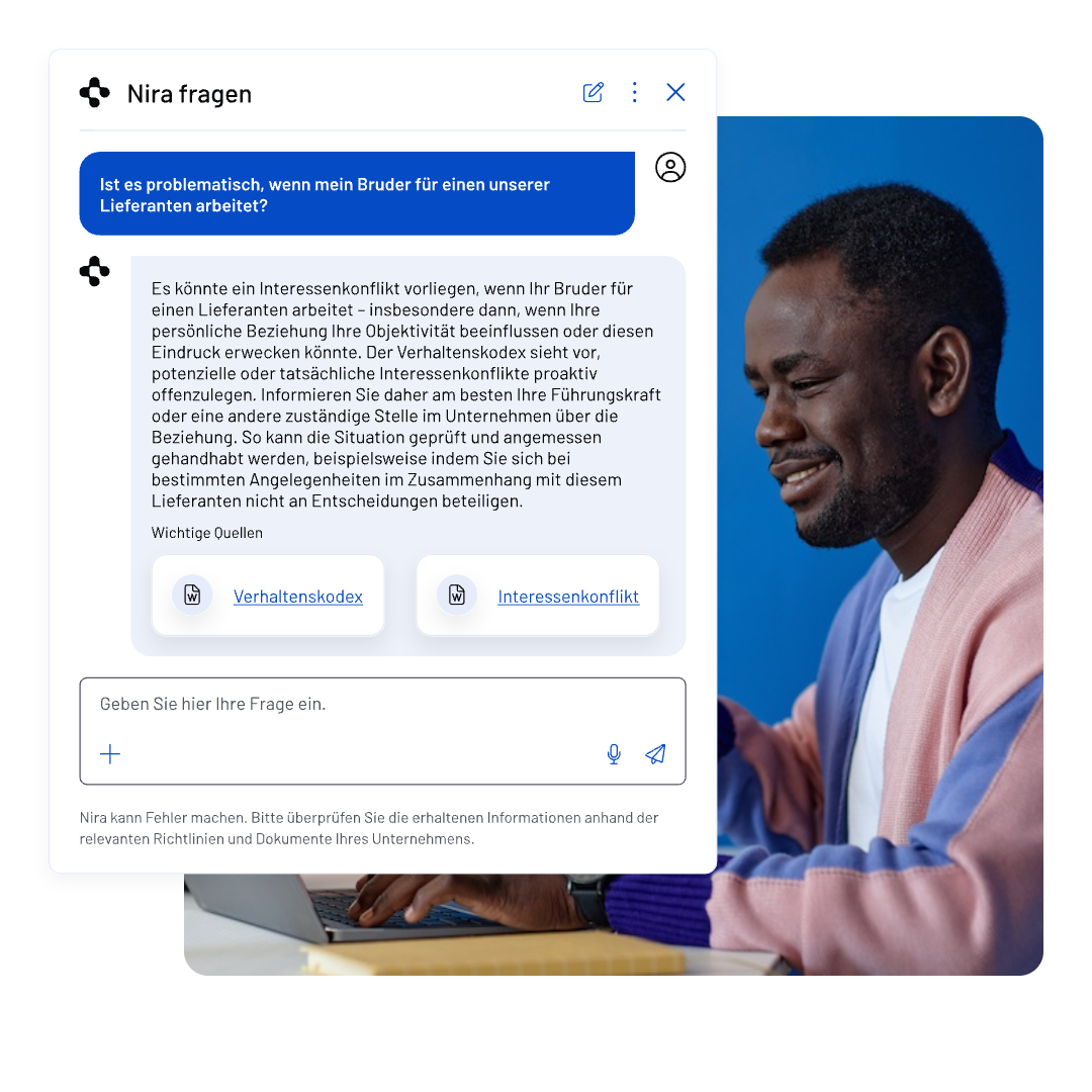 A man in a purple sweater types on a laptop. Above him, a NAVEX One Policy & Procedure Management interface in German answers a question about potential conflicts of interest when a persons brother becomes a supplier, providing explanations and links to relevant company guidelines.