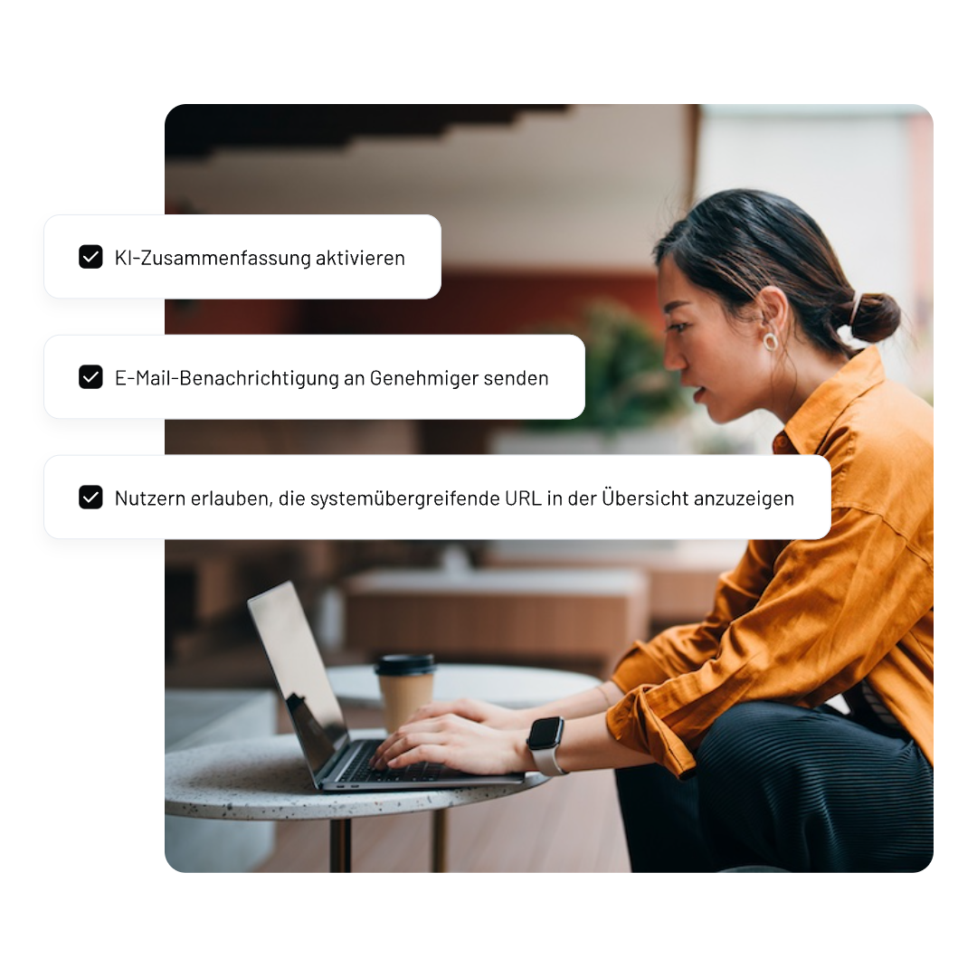 A woman in an orange shirt types on a laptop at a cafe table. Three German settings within NAVEX One Policy & Procedure Management settings about AI synthesis, email notifications, and user authorization overlay the left side of the image.