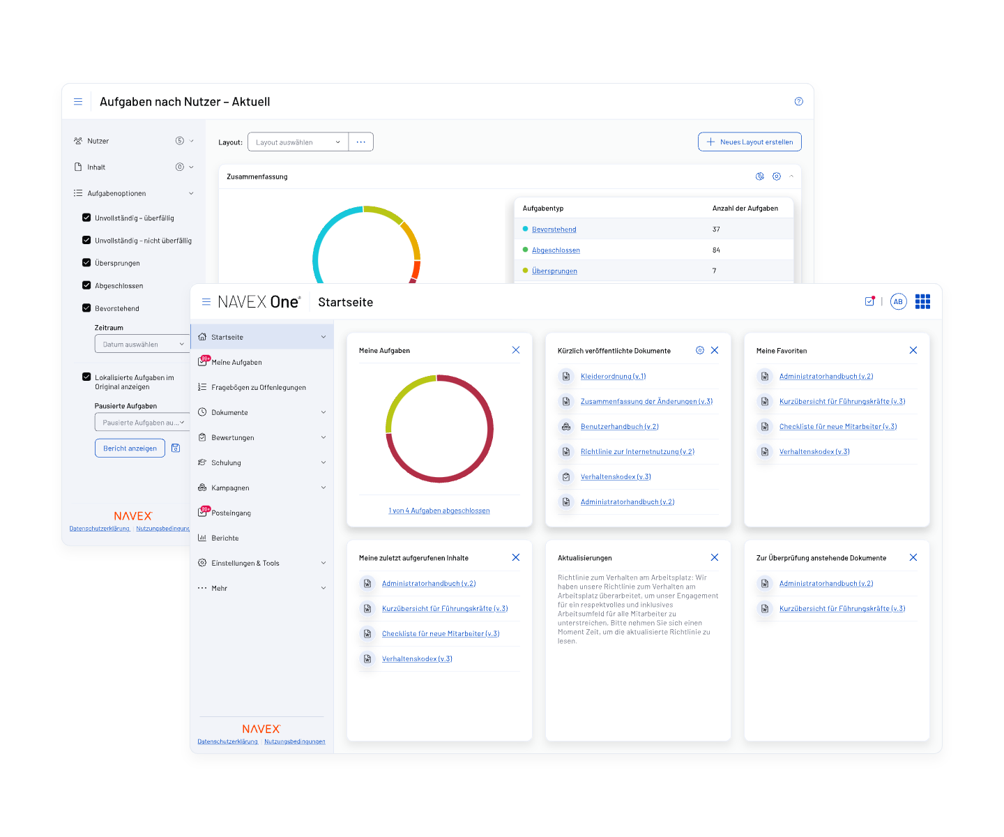 Two overlapping NAVEX One Policy & Procedure Management dashboard screens display charts, tables, and widgets with lists of tasks, statistics, and navigation menus, all in German, within a clean, modern business software interface.