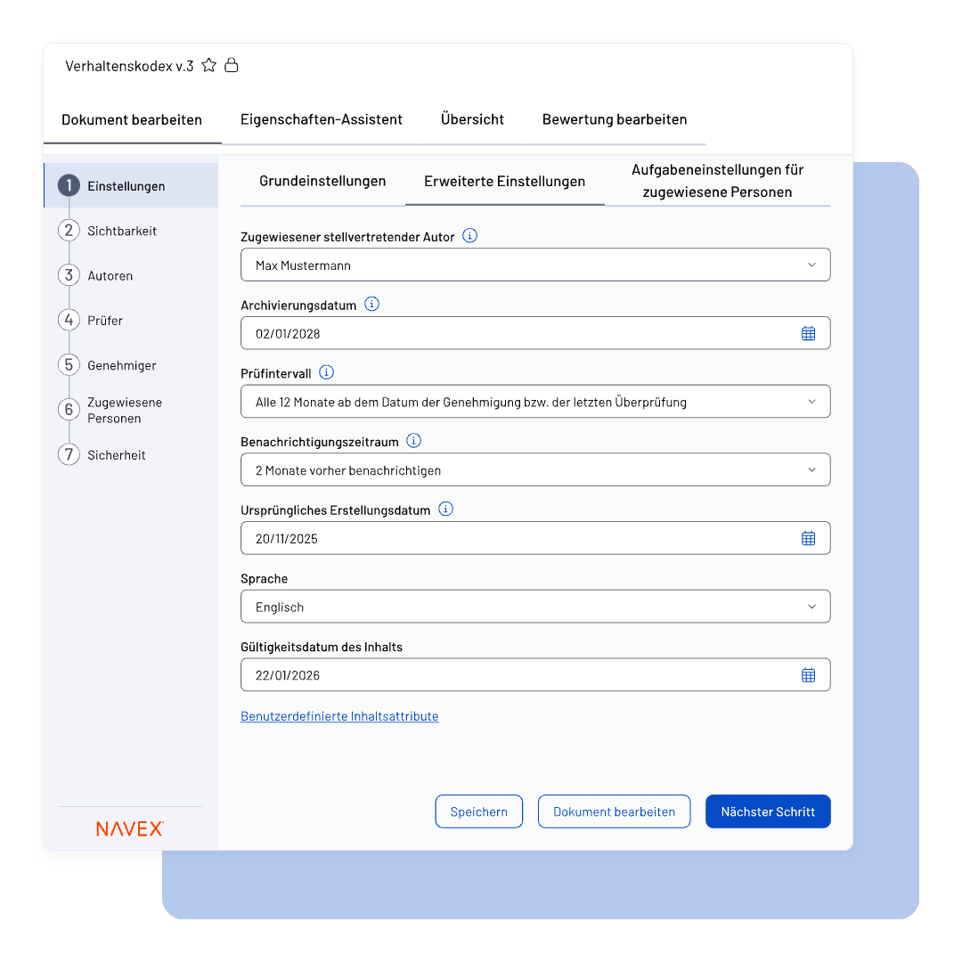 Screen of NAVEX One Policy & Procedure Management document settings interface with fields for author, archive date, review period, creation date, language, and expiration date. Buttons for saving, editing, and proceeding are at the bottom. NAVEX logo is visible.