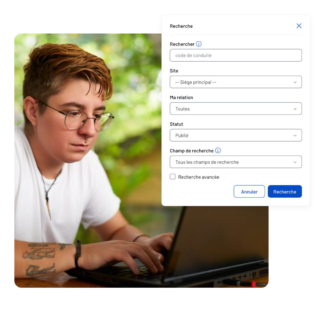 A person with short hair and glasses types on a laptop. On the right, a search form from NAVEX One Policy & Procedure Management with dropdown menus and buttons is visible. The background is softly blurred with greenery.