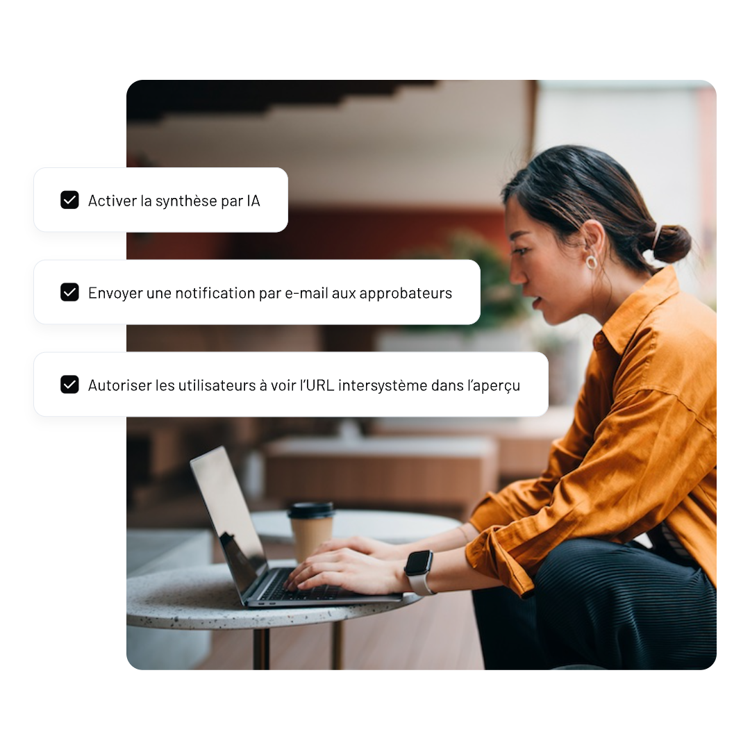 A woman in an orange shirt types on a laptop at a cafe table. Three French checklist items within NAVEX One Policy & Procedure Management settings about AI synthesis, email notifications, and user authorization overlay the left side of the image.