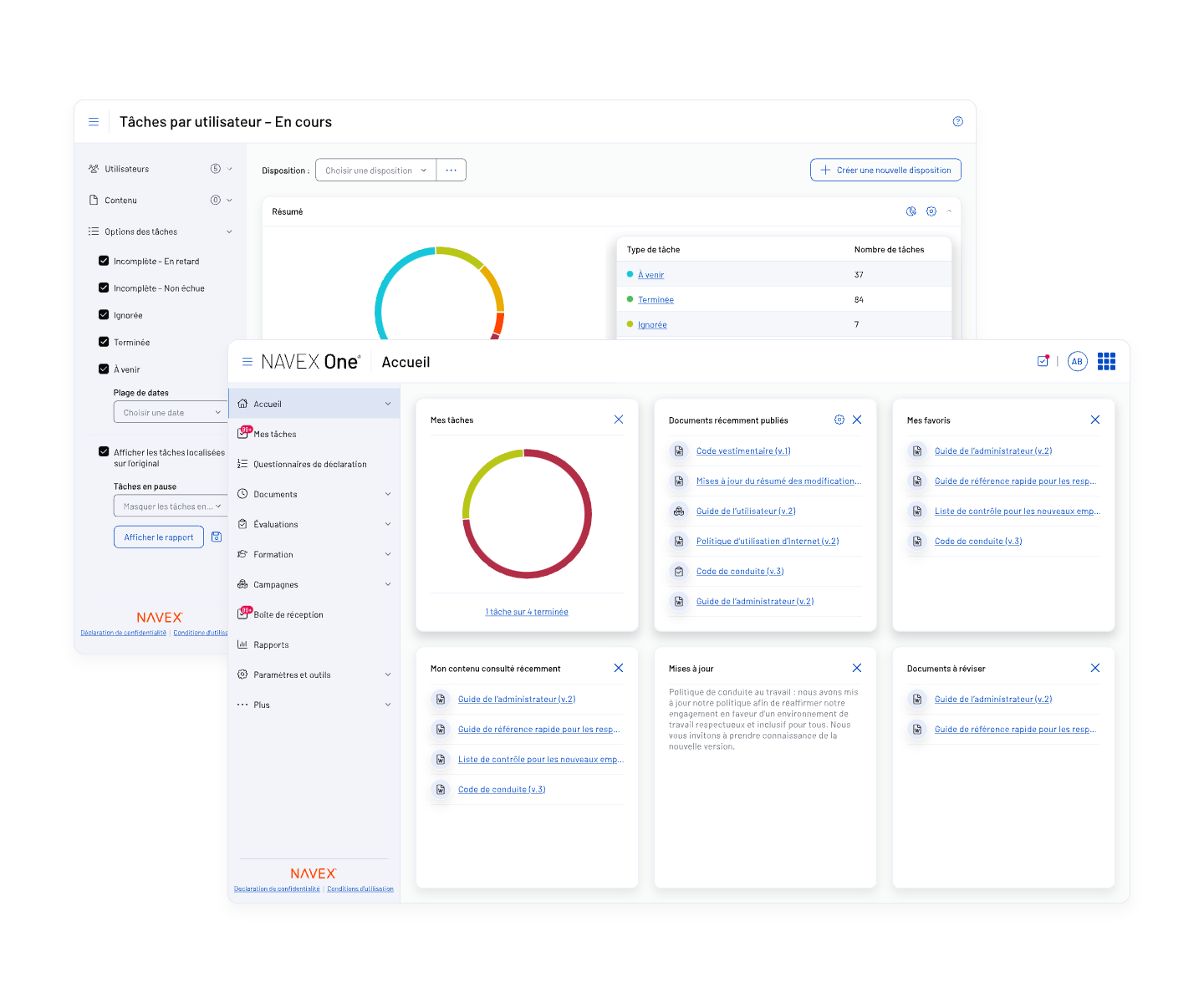 Two overlapping NAVEX One Policy & Procedure Management dashboard screens display charts, tables, and navigation menus in a software interface. Sections include tasks, document links, and user options, with a clean white background and colorful graphs visible.