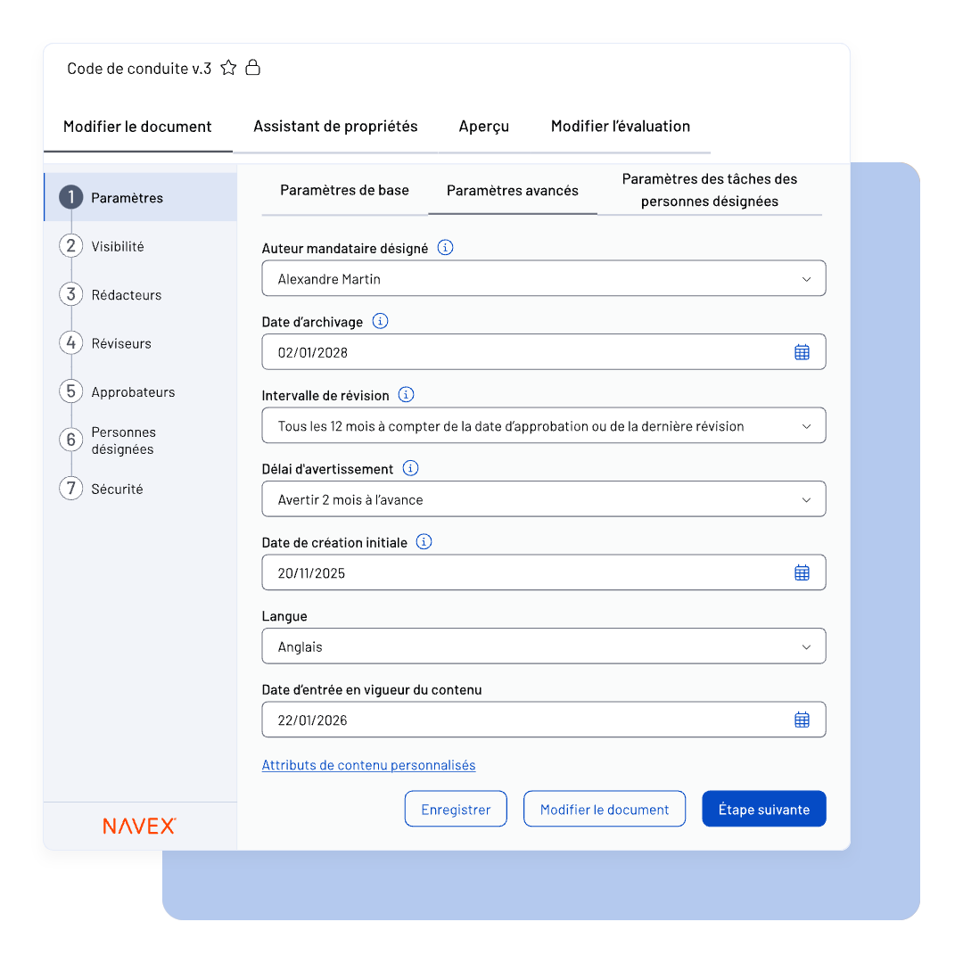 A French interface for document settings within NAVEX One Policy & Procedure Management showing fields for author, archive date, review interval, warning details, creation date, language, and content validity, with navigation buttons at the bottom.
