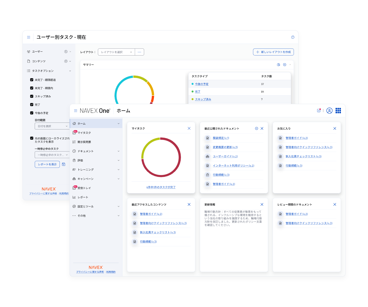 Two overlapping NAVEX One Policy & Procedure Management dashboard screens display charts, tables, and navigation menus in a software interface. Sections include tasks, document links, and user options, with a clean white background and colorful graphs visible.