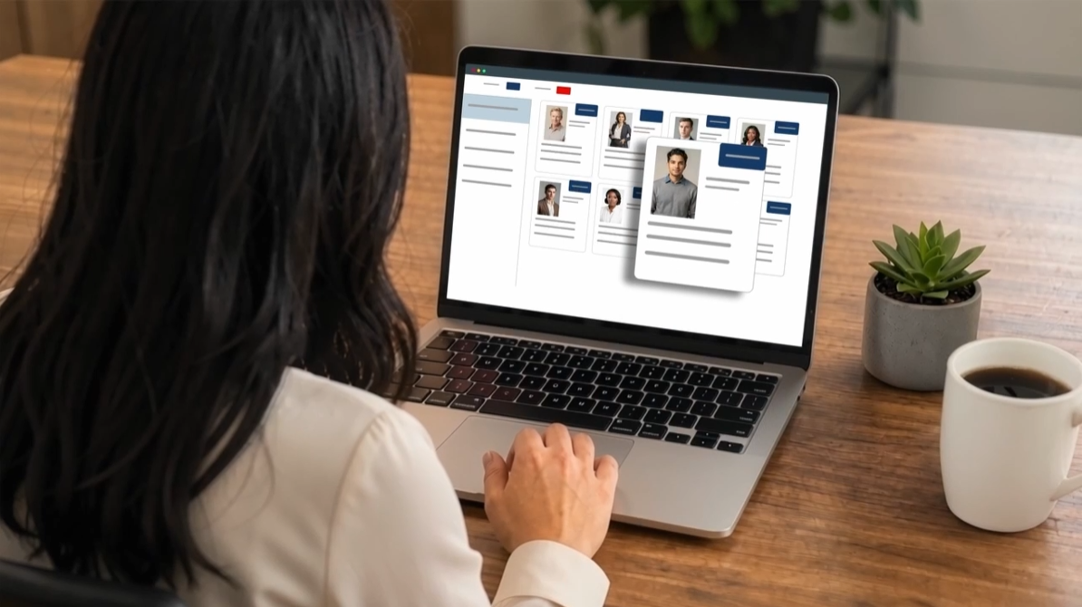 A woman viewed from behind uses a laptop to view a digital directory of employee profiles.