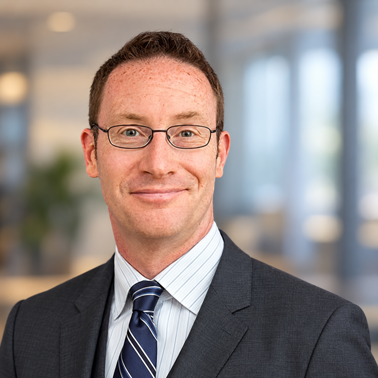 A man wearing glasses, a white shirt, and a plaid suit jacket smiles at the camera. The background is softly blurred with warm lights and hints of greenery.