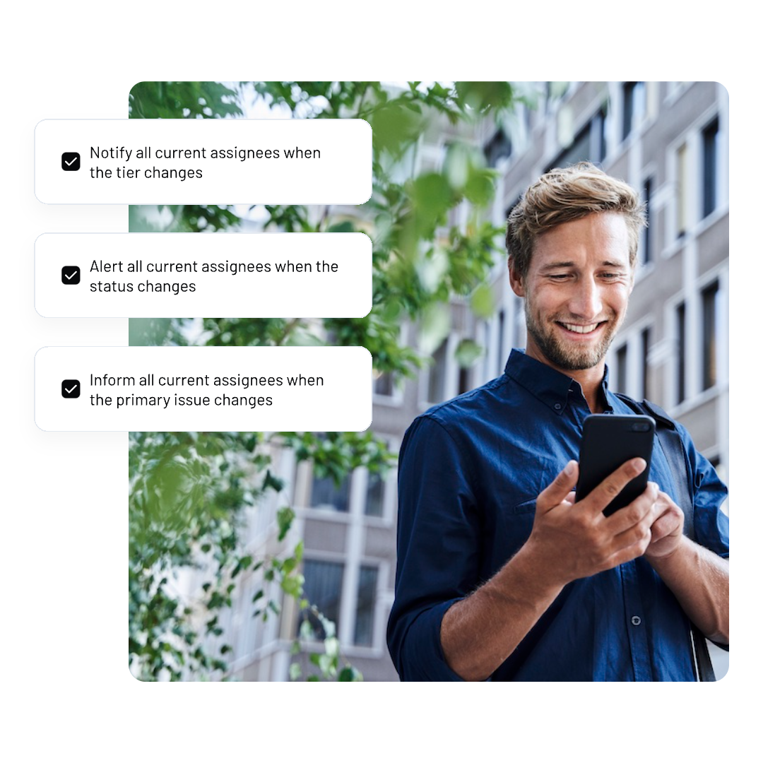 Smiling man checks his phone beside three enabled case-management alerts for tier, status and primary-issue changes, depicting admin settings within NAVEX One EthicsPoint Essentials.