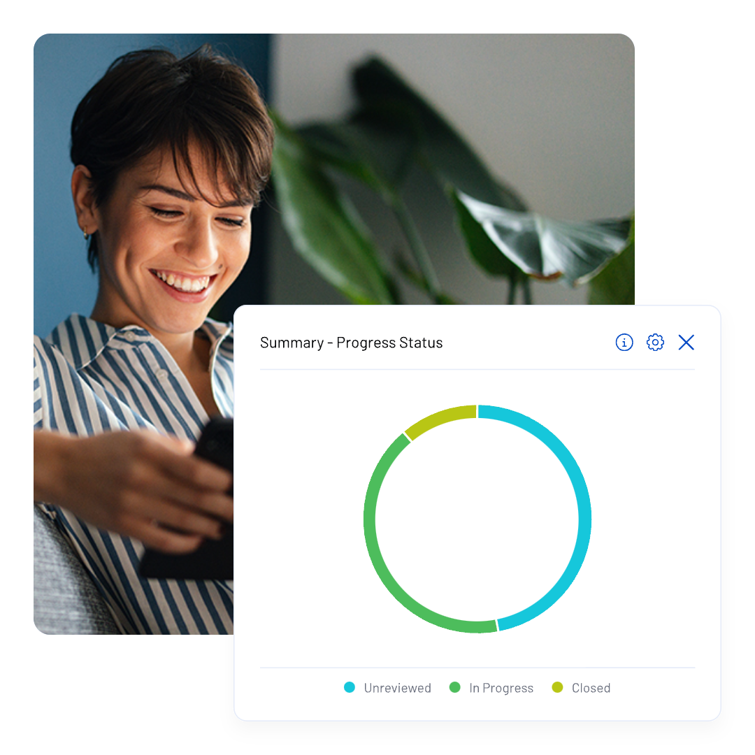 Smiling employee uses a tablet beside a progress-status donut chart for unreviewed, in-progress and closed cases within NAVEX One EthicsPoint Essentials.