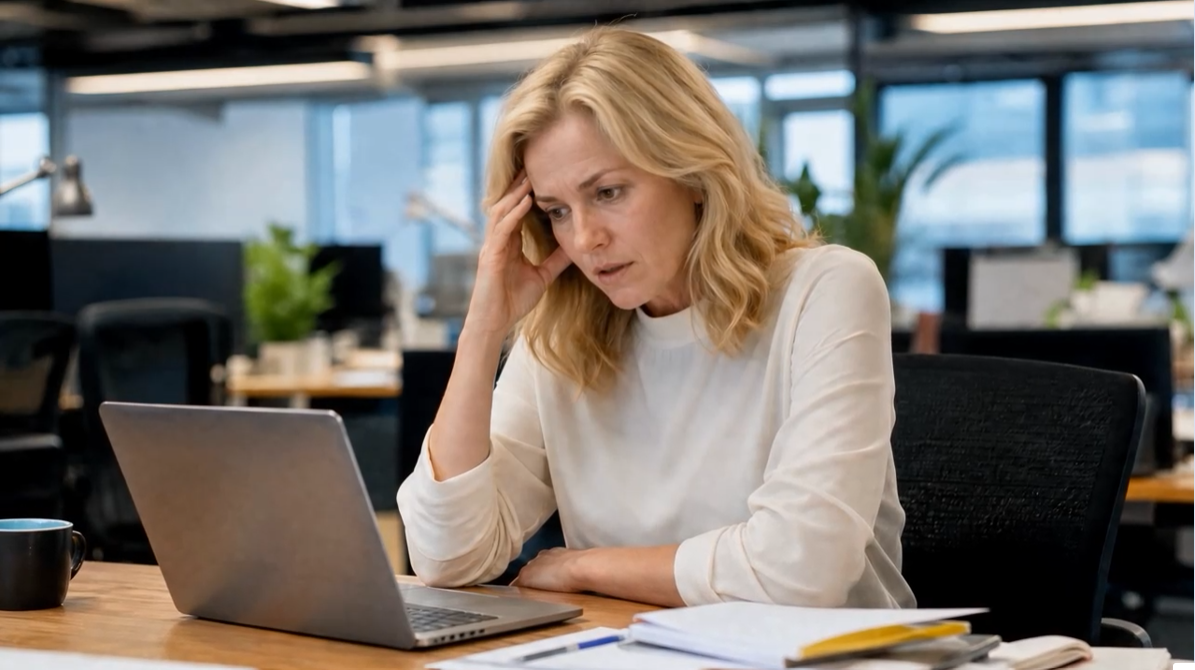 A woman sitting at a desk looking at a laptop with one hand to her head, appearing stressed or tired.
