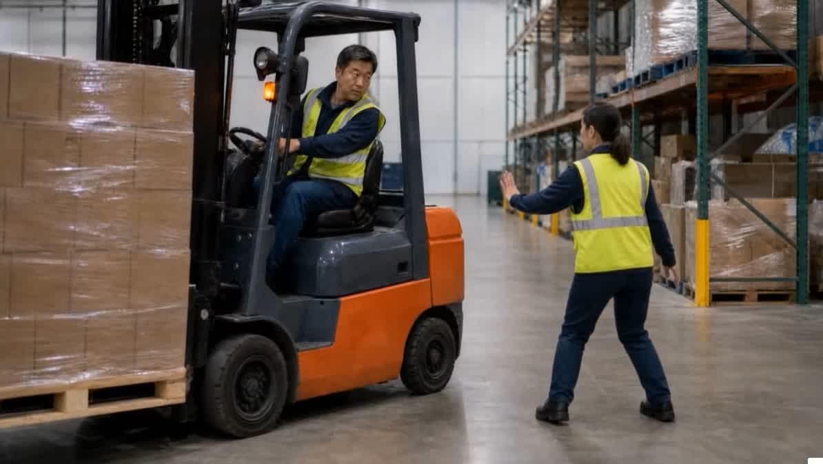 A warehouse worker in a high-visibility vest signals to a forklift operator as they move a pallet of boxes.