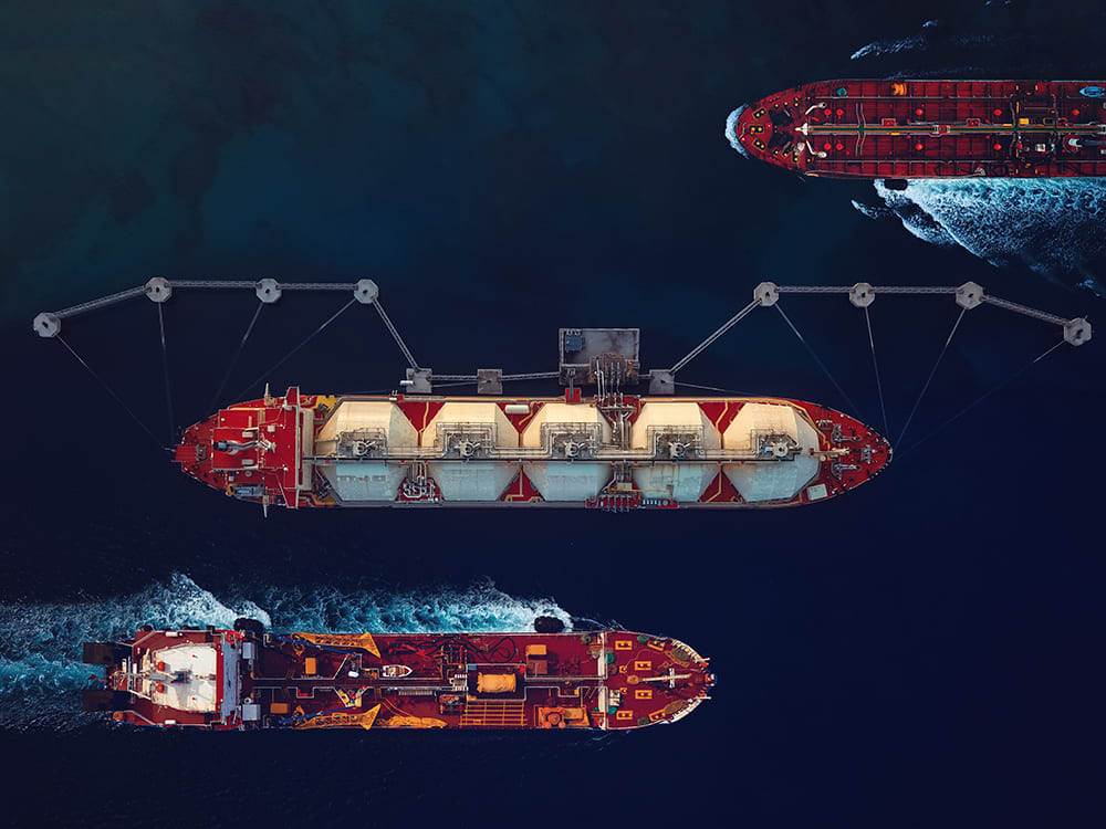 aerial view of cargo ships at night