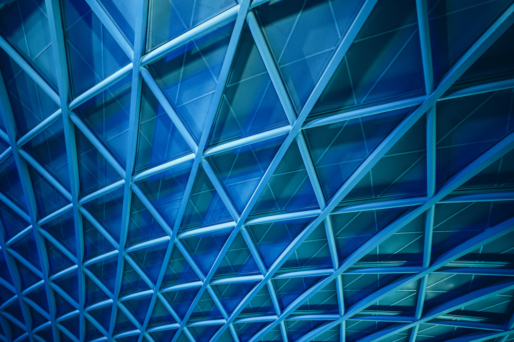 geometric curved ceiling in blue hue