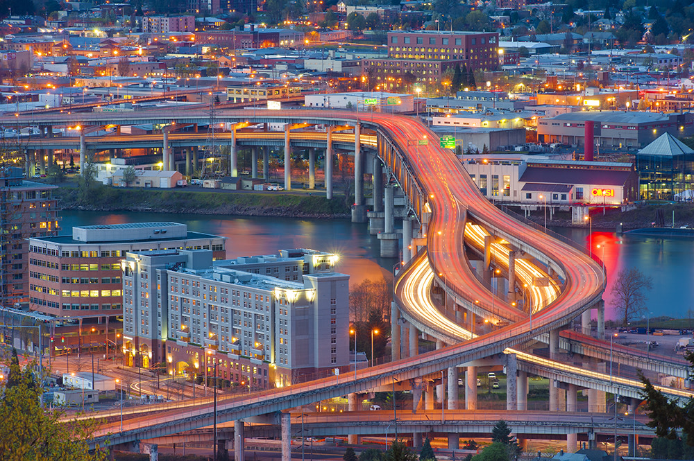 orange and blue abstract city view at dusk