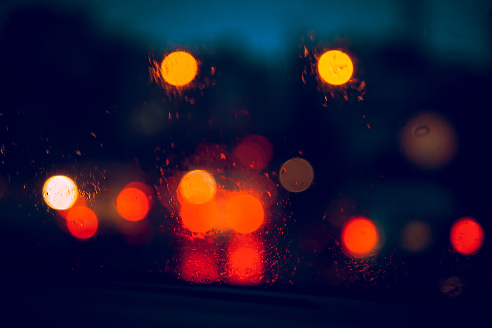 rainy day with lights blurred out.