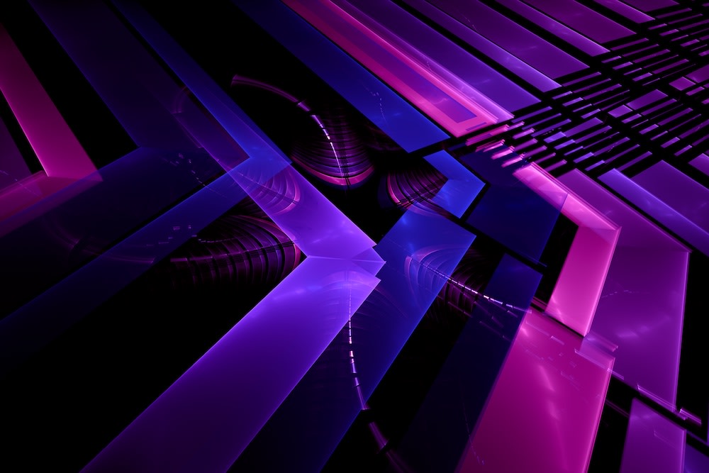 Abstract digital artwork featuring intersecting, glossy purple and pink beams on a dark background, creating a futuristic, geometric pattern with dramatic light reflections and deep shadows.