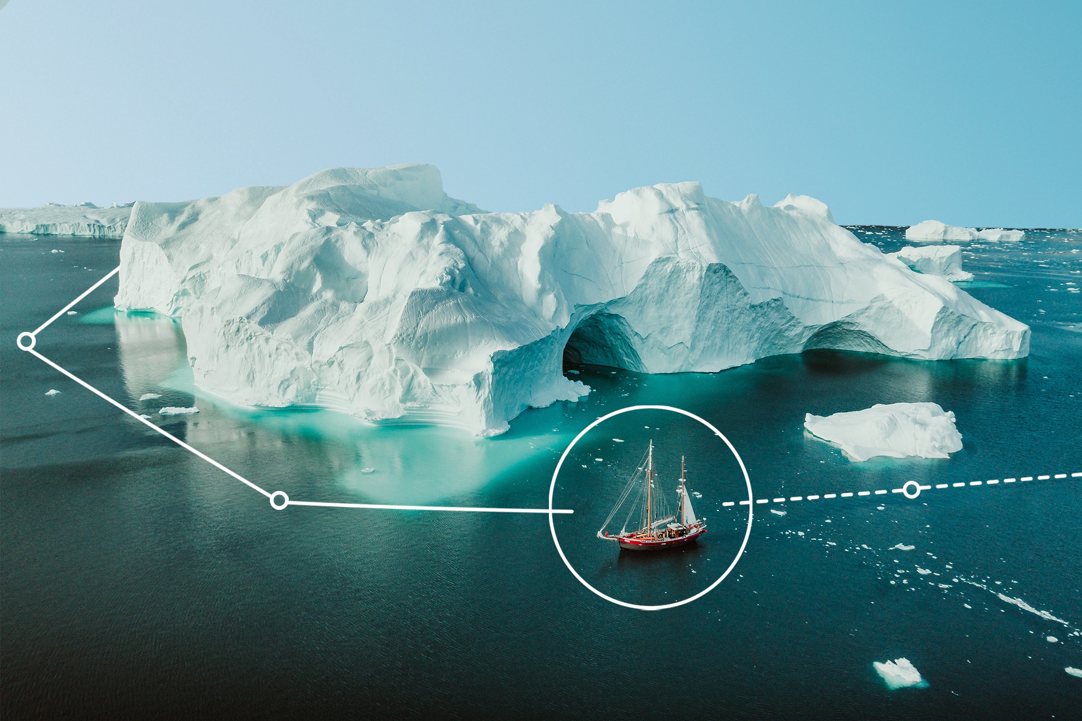 A large iceberg floats in the ocean, with a small sailboat nearby. The boat is highlighted by a circular overlay, and dotted lines connect the circle to the iceberg, emphasizing their proximity and scale.