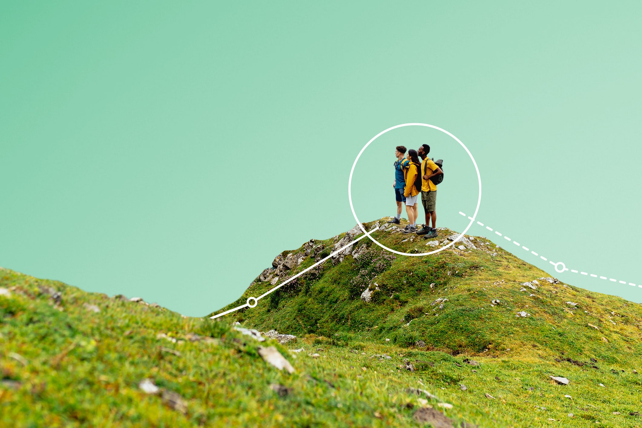 Three people with backpacks stand on a grassy hill under a clear green sky. A white circle highlights them, with dotted lines extending across the landscape.