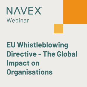 image with greige background and title "EU Whistleblowing Directive - The Global Impact on Organisations" webinar in white text