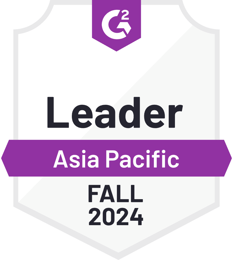 A badge with the title Leader Asia Pacific FALL 2024 and the G2 logo at the top. The badge is white with purple accents.