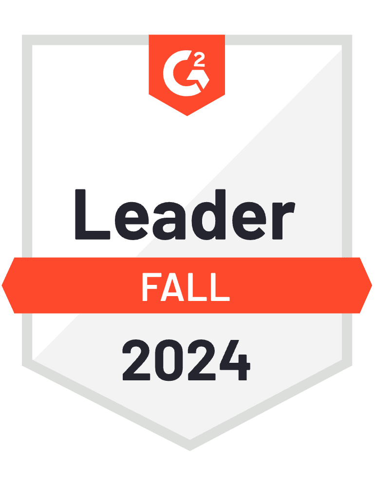 G2 Leader badge for Fall 2024, featuring a shield shape with a white background and orange accents.