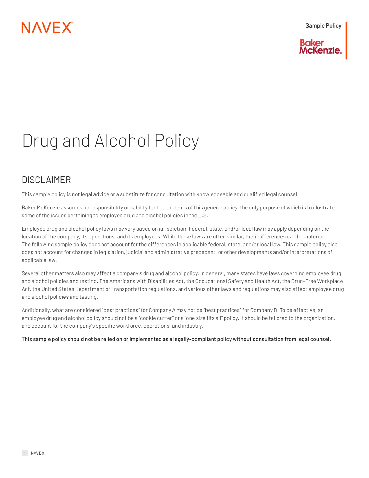 Drug and Alcohol Policy Sample Policy