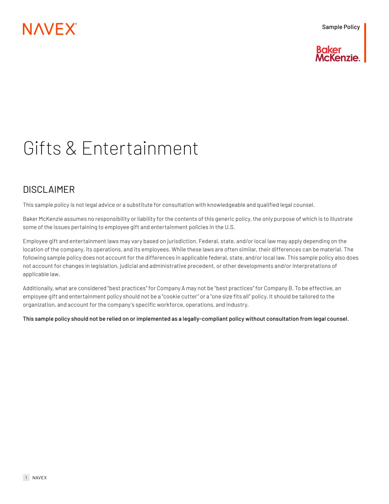 Gifts & Entertainment Sample Policy