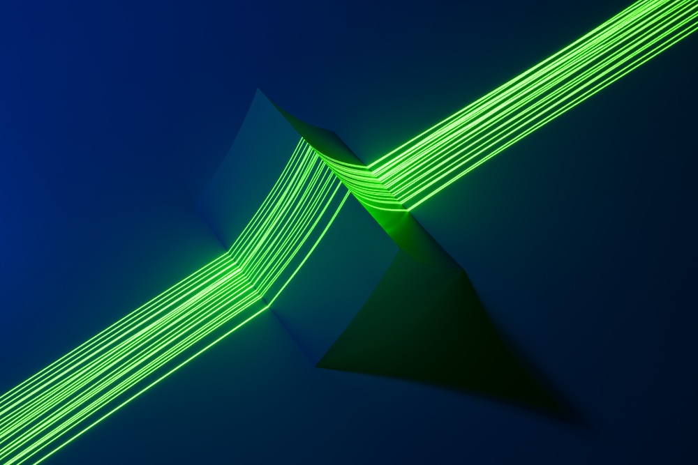 Abstract digital artwork showing several bright green neon lines intersecting and bending over a dark blue background, creating a futuristic, geometric effect with glowing light and shadows.