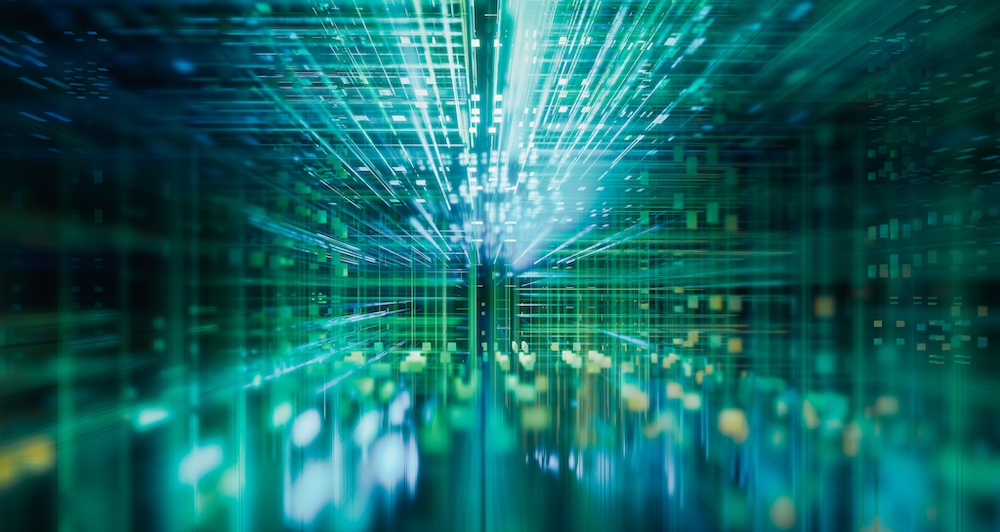 Abstract digital background featuring streaks of green, blue, and white light converging towards the center, suggesting data flow, technology, or high-speed information transfer.