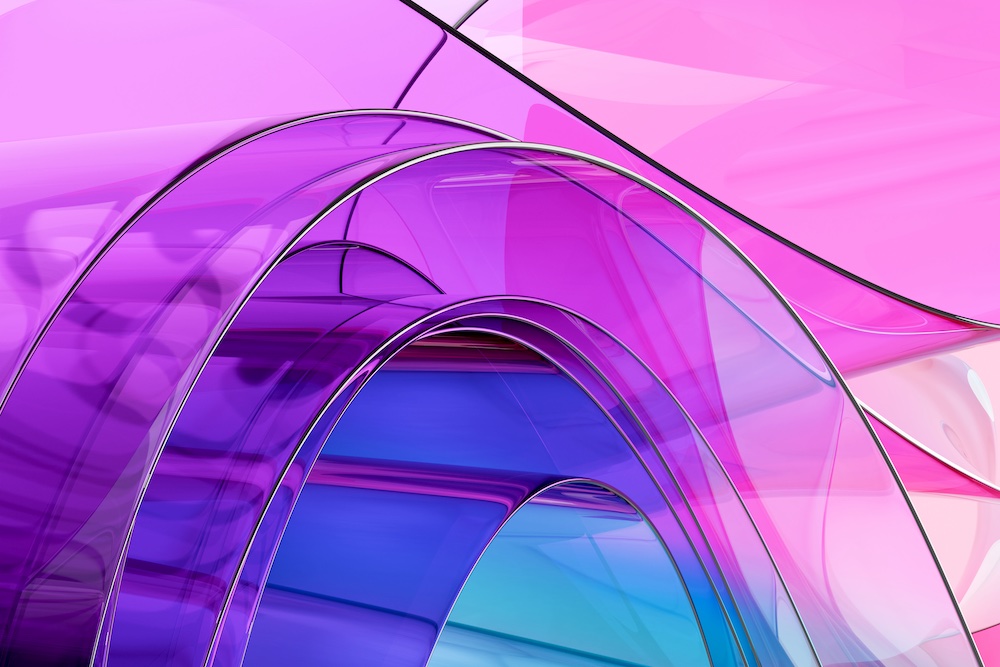 Abstract image featuring overlapping translucent arches in shades of purple, pink, and blue, creating a smooth, glossy, and futuristic appearance with flowing curves and gradients.