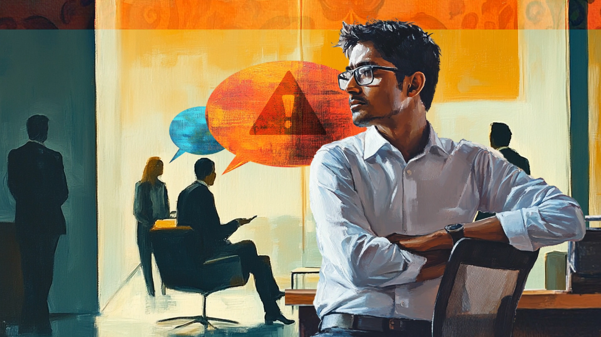 A man in glasses sits pensively in an office while three people talk in the background; colorful speech bubbles, including one with an exclamation mark, suggest urgent discussion or concern.