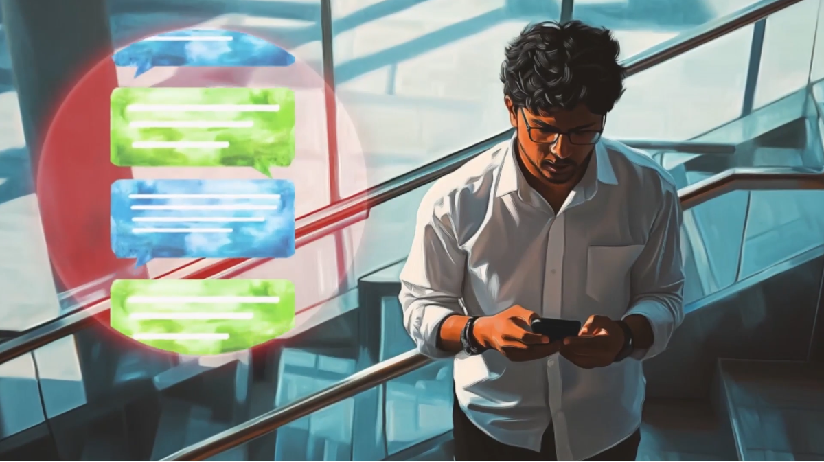 A man in a white shirt stands on stairs, looking at his phone. Colorful chat bubbles, blue and green, appear beside him, suggesting he is texting or messaging. Sunlight streams through large windows in the background.