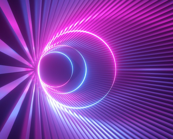 Futuristic abstract tunnel with glowing pink and blue rings and radial lines, creating a vibrant sense of depth and motion.