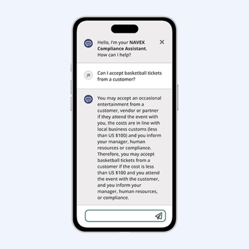 A smartphone screen displays a chat with a compliance assistant. The user asks if they can accept basketball tickets from a customer, and the assistant responds with guidelines outlining when it may be acceptable.