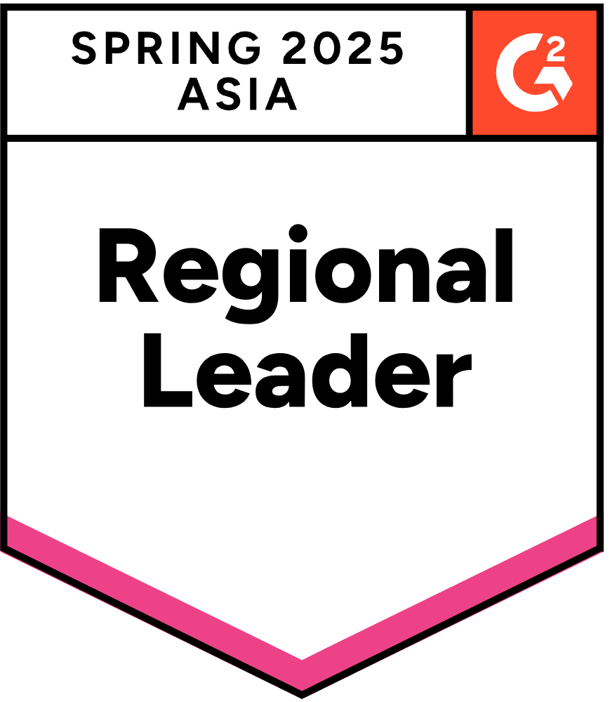 Badge with Spring 2025 Asia and Regional Leader in bold text, featuring the G2 logo in the top right corner. The badge is outlined in pink at the bottom.